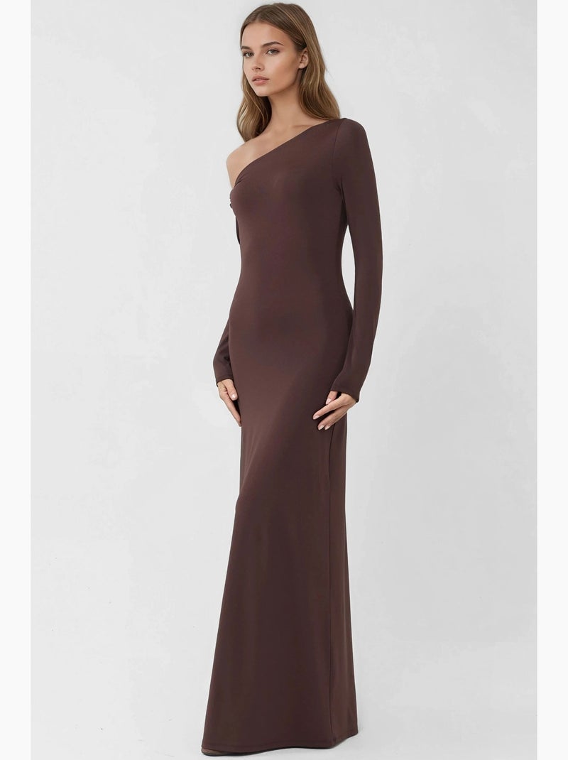 Vestido maxi bodycon com gola assimétrica hiccup Castanho-escuro - Kiabi