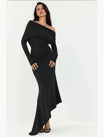 Vestido maxi bodycon elegante com decote barco hiccup