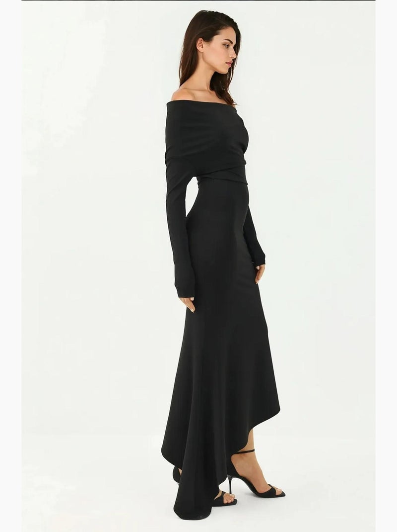 Vestido maxi bodycon elegante com decote barco hiccup Preto - Kiabi