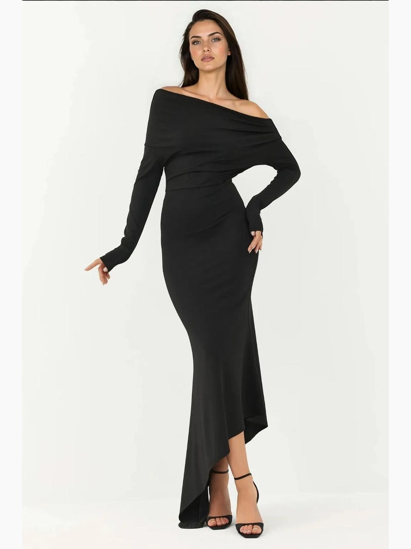 Vestido maxi bodycon elegante com decote barco hiccup Preto - Kiabi
