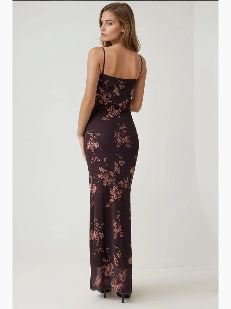 Vestido maxi bodycon em tule estampado hiccup Castanho-chocolate - Kiabi