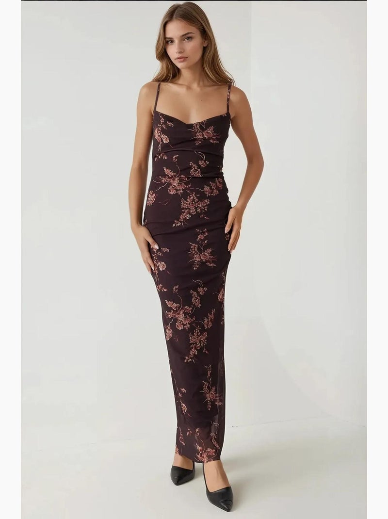 Vestido maxi bodycon em tule estampado hiccup Castanho-chocolate - Kiabi