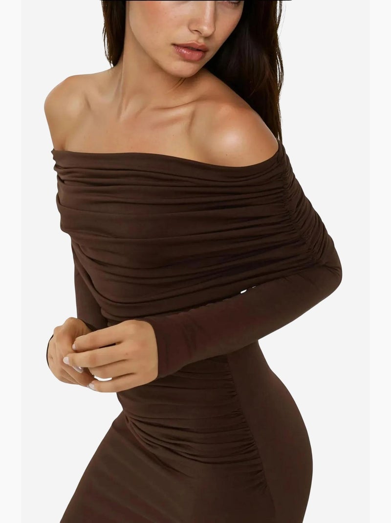 Vestido maxi bodycon ombro a ombro hiccup Castanho-chocolate - Kiabi