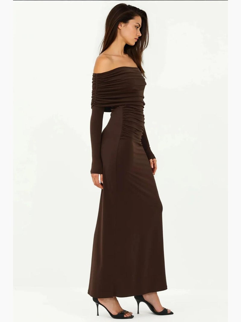 Vestido maxi bodycon ombro a ombro hiccup Castanho-chocolate - Kiabi