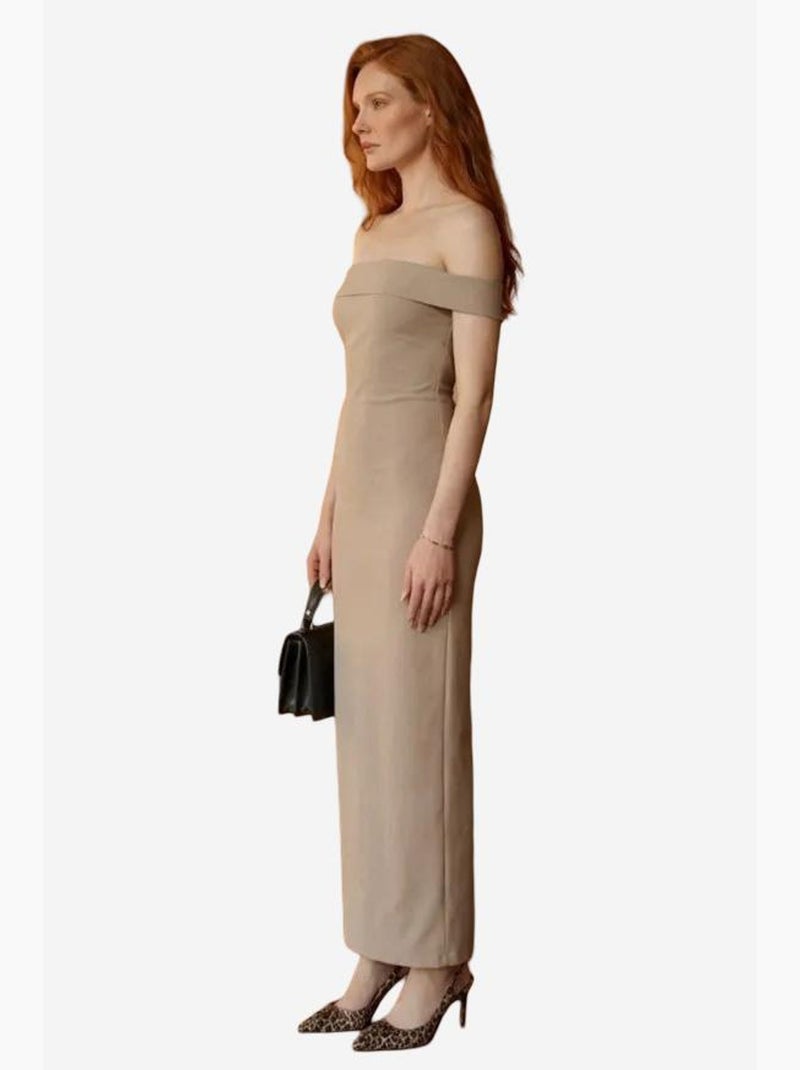 Vestido maxi bodycon ombros descobertos com racha my fashion Bege-argila - Kiabi