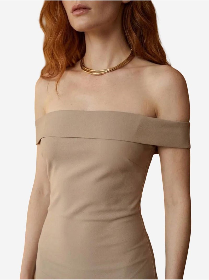 Vestido maxi bodycon ombros descobertos com racha my fashion Bege-argila - Kiabi