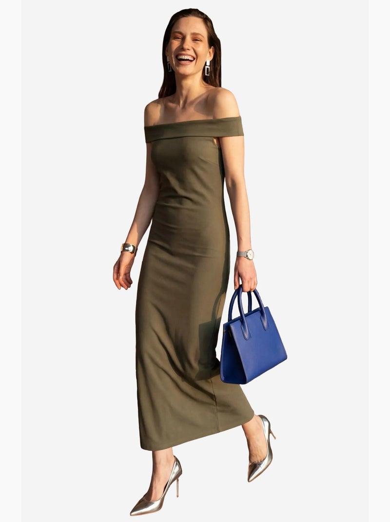 Vestido maxi bodycon ombros descobertos com racha my fashion Cáqui - Kiabi