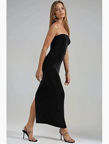 Vestido maxi bodycon sem alças brilhante busem
