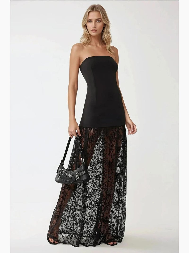 Vestido maxi bodycon sem alças com detalhes em renda hiccup Preto - Kiabi