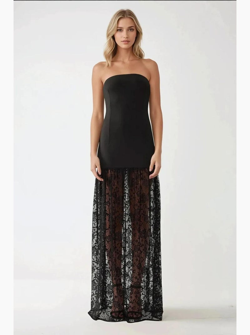 Vestido maxi bodycon sem alças com detalhes em renda hiccup Preto - Kiabi