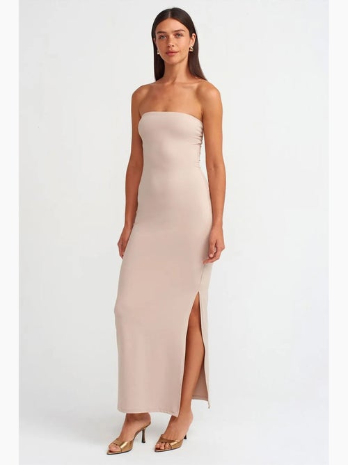 Vestido maxi bodycon sem alças com racha dilvin - Kiabi Vestido maxi bodycon sem alças com racha dilvin - Kiabi