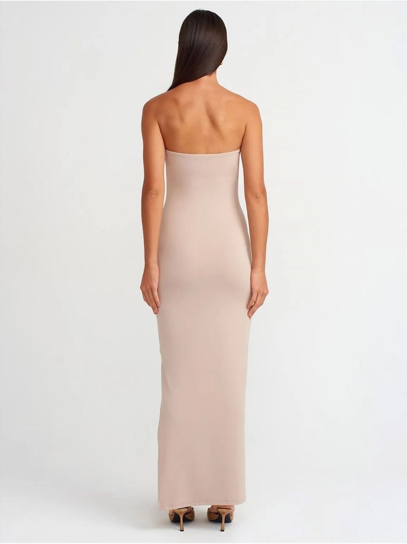 Vestido maxi bodycon sem alças com racha dilvin Areia - Kiabi