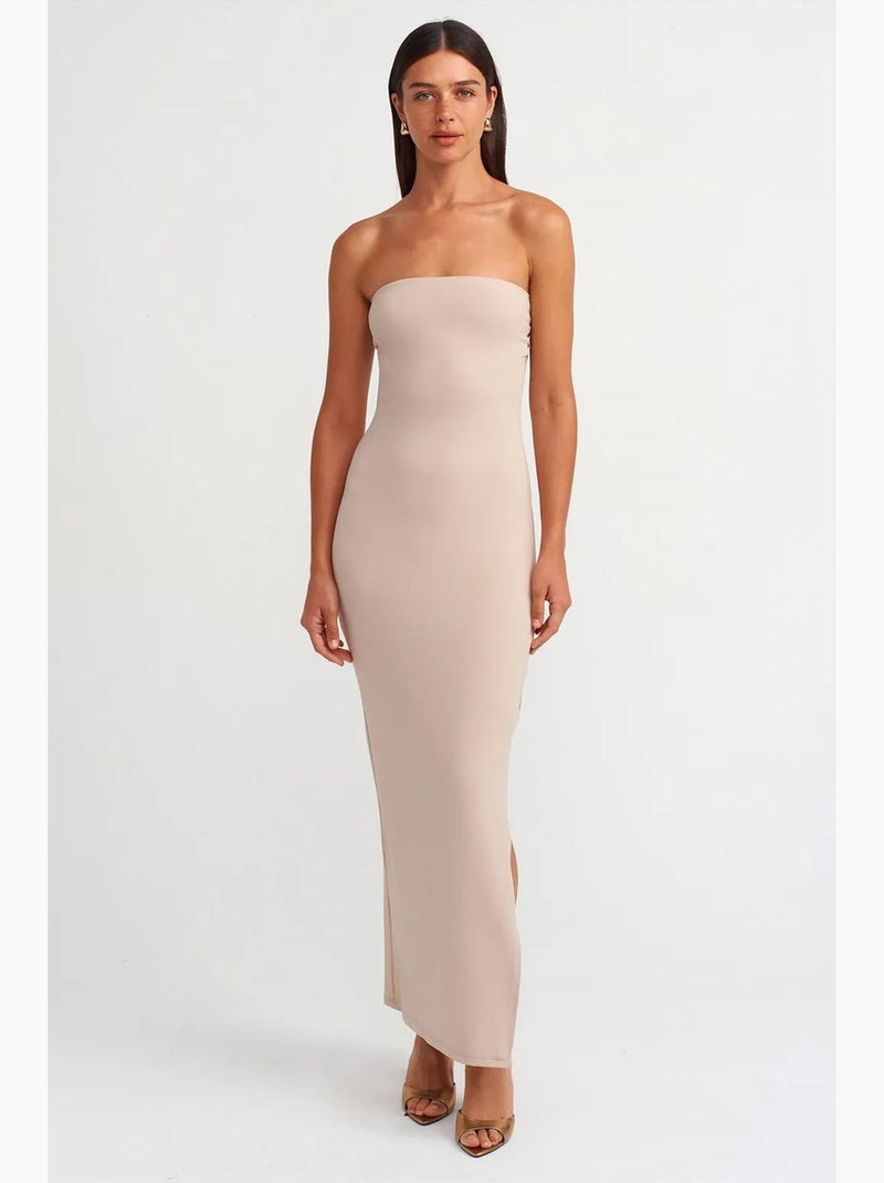 Vestido maxi bodycon sem alças com racha dilvin Areia - Kiabi