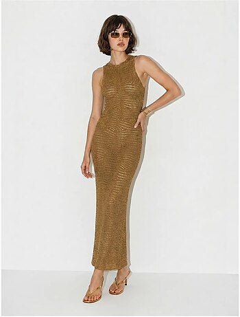 Vestido maxi bodycon sem mangas em viscose texturizada lucci