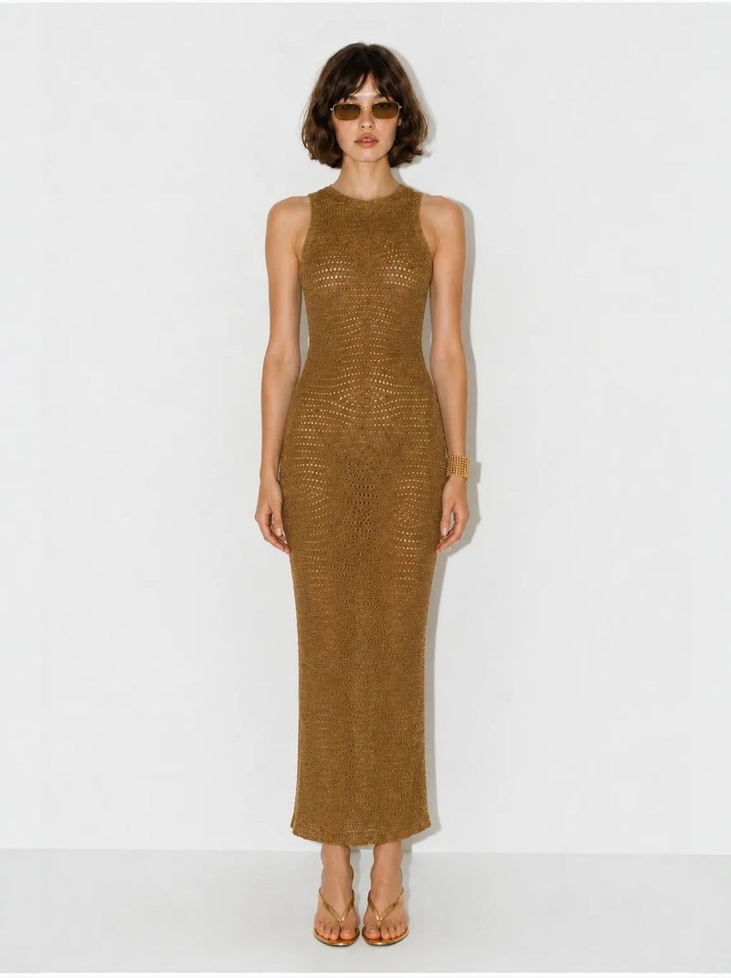 Vestido maxi bodycon sem mangas em viscose texturizada lucci Camelo - Kiabi