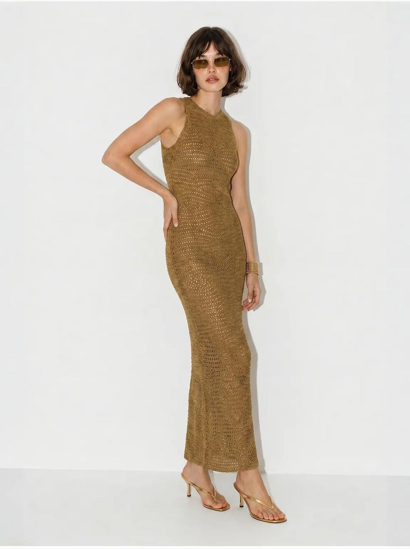 Vestido maxi bodycon sem mangas em viscose texturizada lucci Camelo - Kiabi