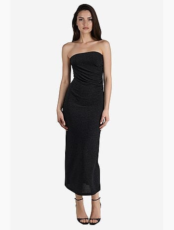 Vestido maxi brilhante com detalhe de racha busem