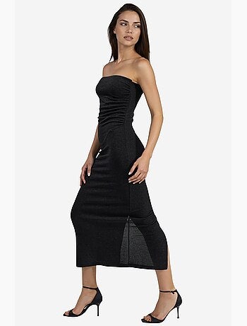 Vestido maxi brilhante com detalhe de racha busem