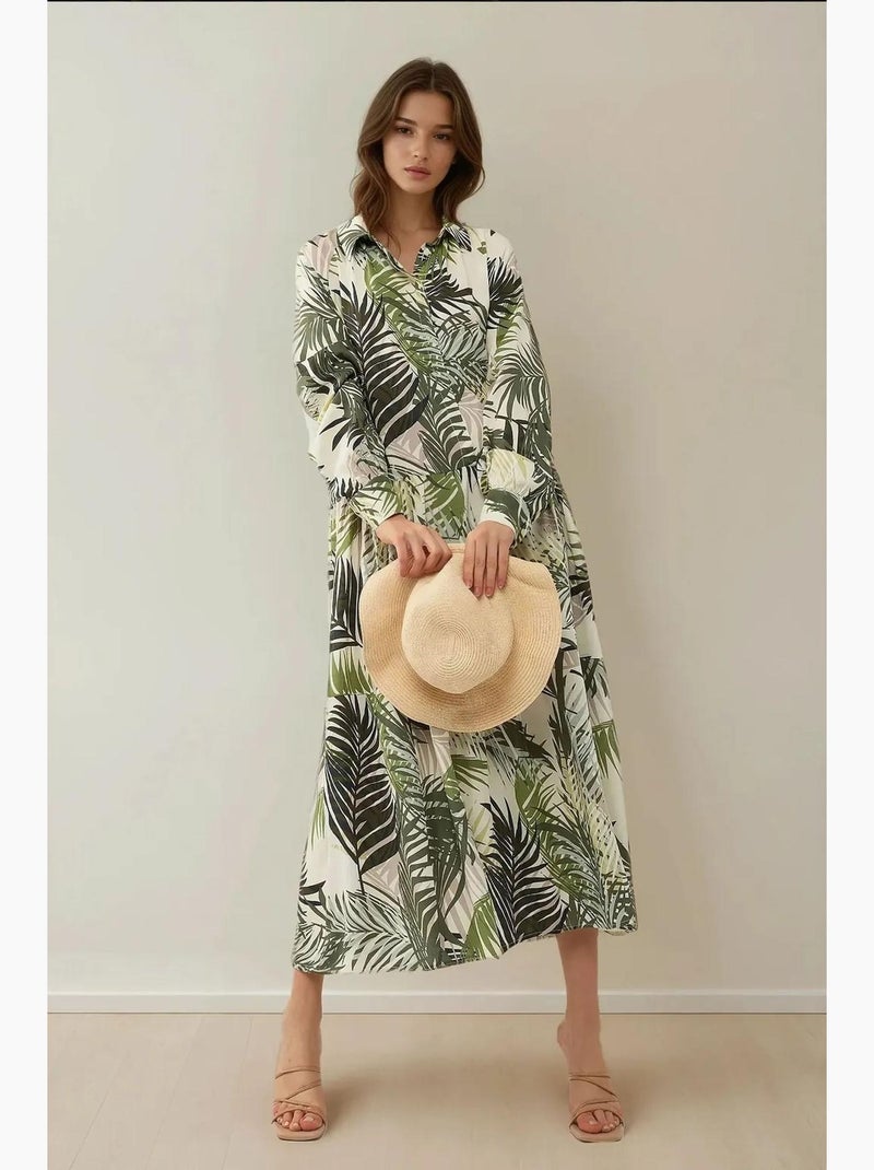 Vestido maxi com colarinho de camisa e padrão floral hiccup Cáqui - Kiabi