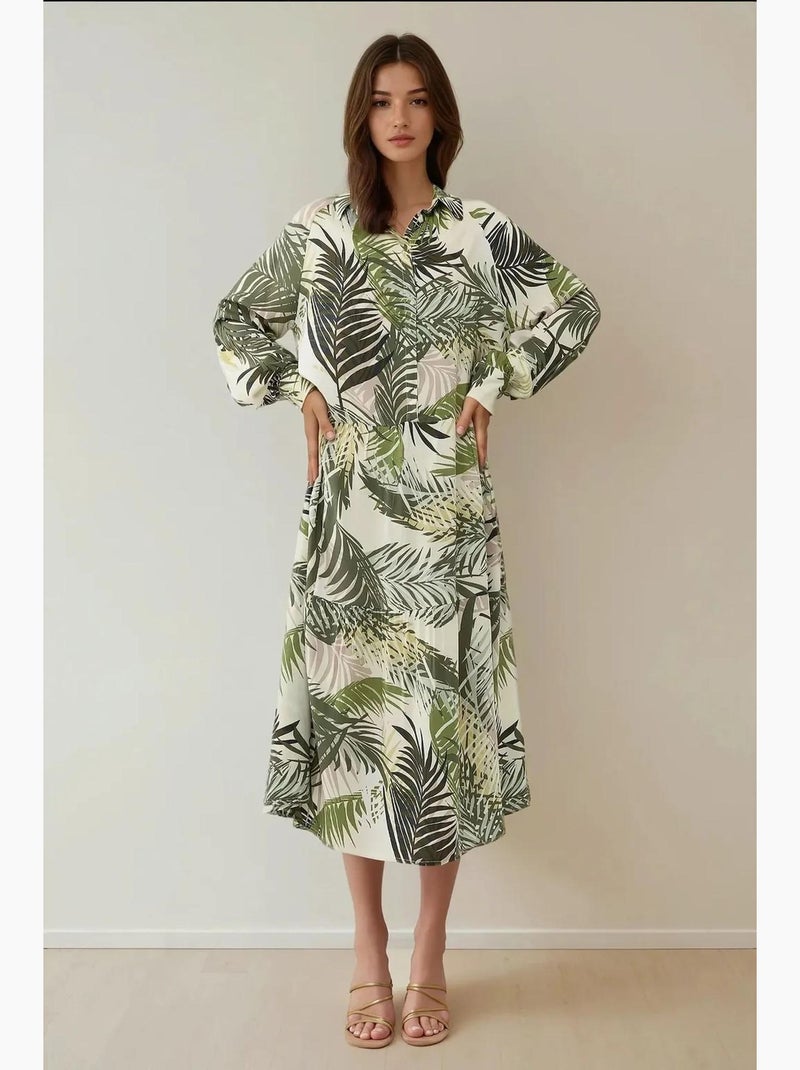 Vestido maxi com colarinho de camisa e padrão floral hiccup Cáqui - Kiabi