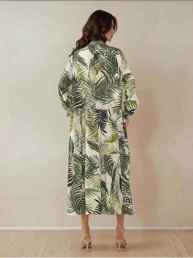 Vestido maxi com colarinho de camisa e padrão floral hiccup Cáqui - Kiabi