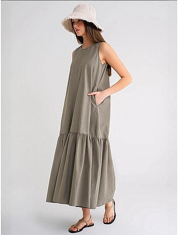 Vestido maxi com colarinho e detalhes de folhos mixray