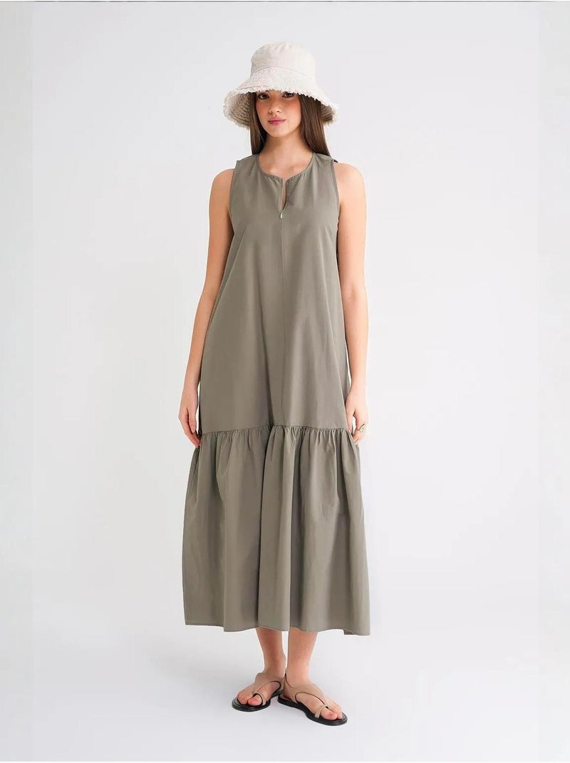 Vestido maxi com colarinho e detalhes de folhos mixray Cáqui - Kiabi