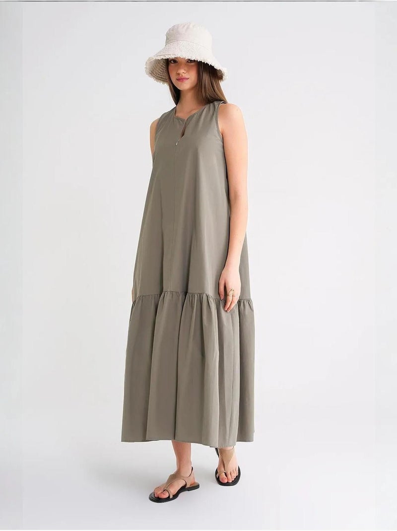 Vestido maxi com colarinho e detalhes de folhos mixray Cáqui - Kiabi
