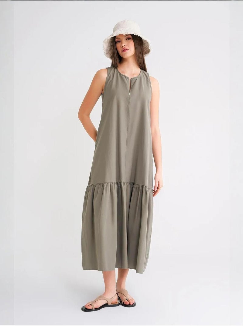 Vestido maxi com colarinho e detalhes de folhos mixray Cáqui - Kiabi