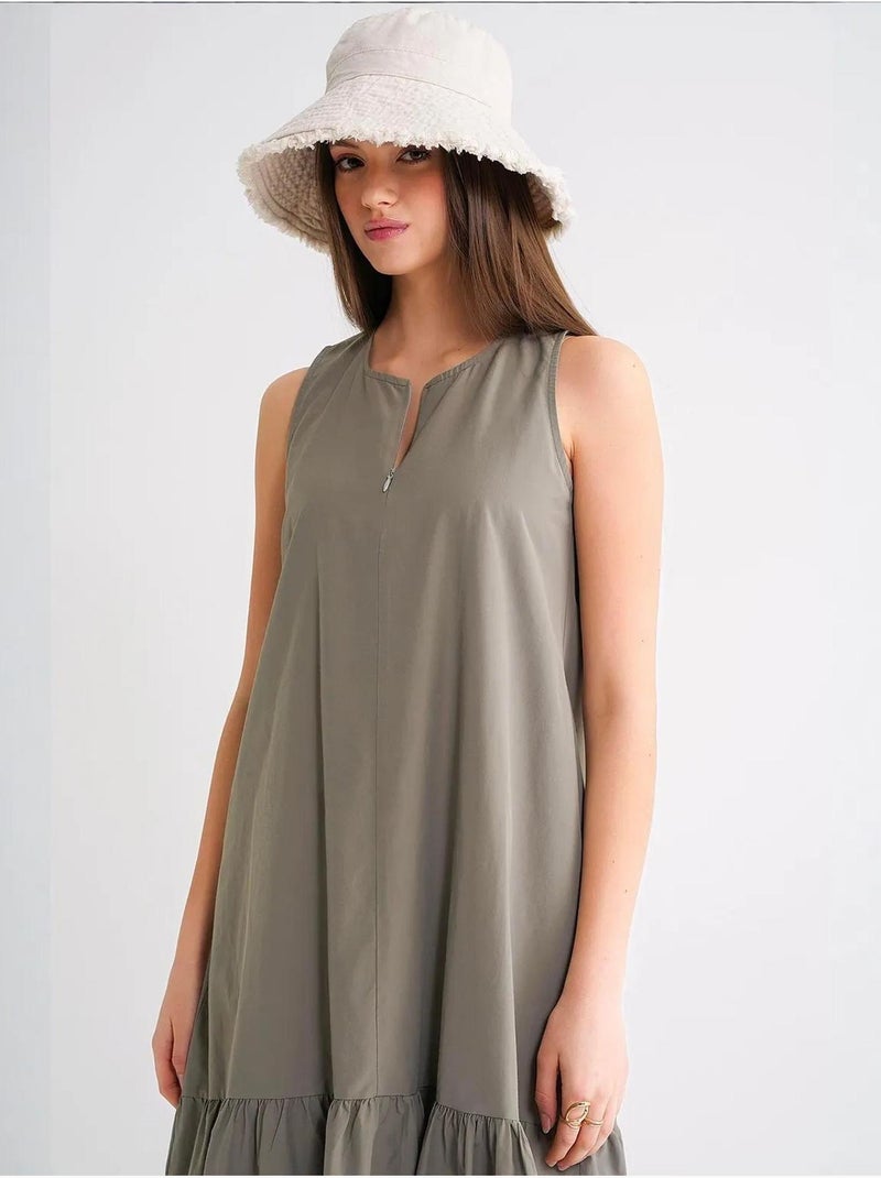 Vestido maxi com colarinho e detalhes de folhos mixray Cáqui - Kiabi