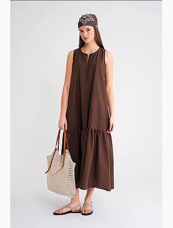 Vestido maxi com colarinho e detalhes de folhos mixray