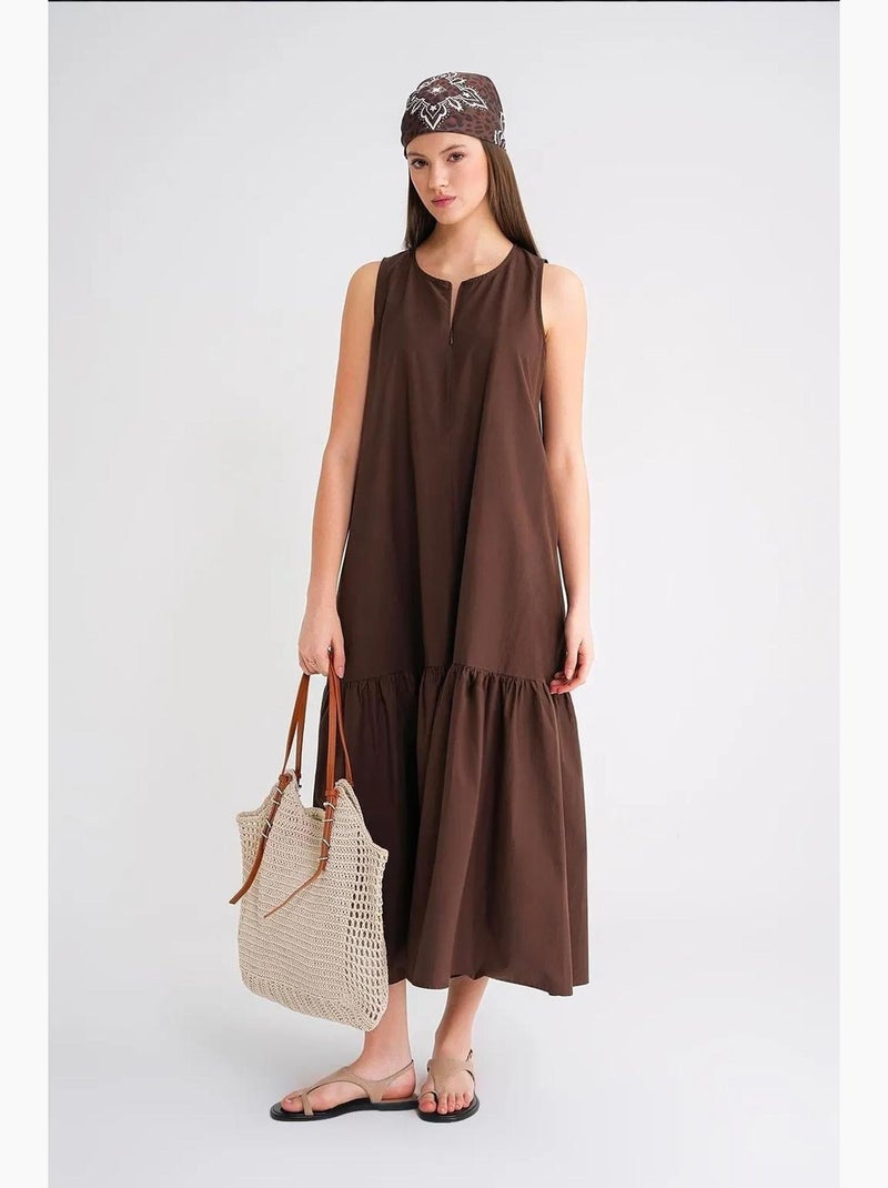 Vestido maxi com colarinho e detalhes de folhos mixray Castanho-escuro - Kiabi
