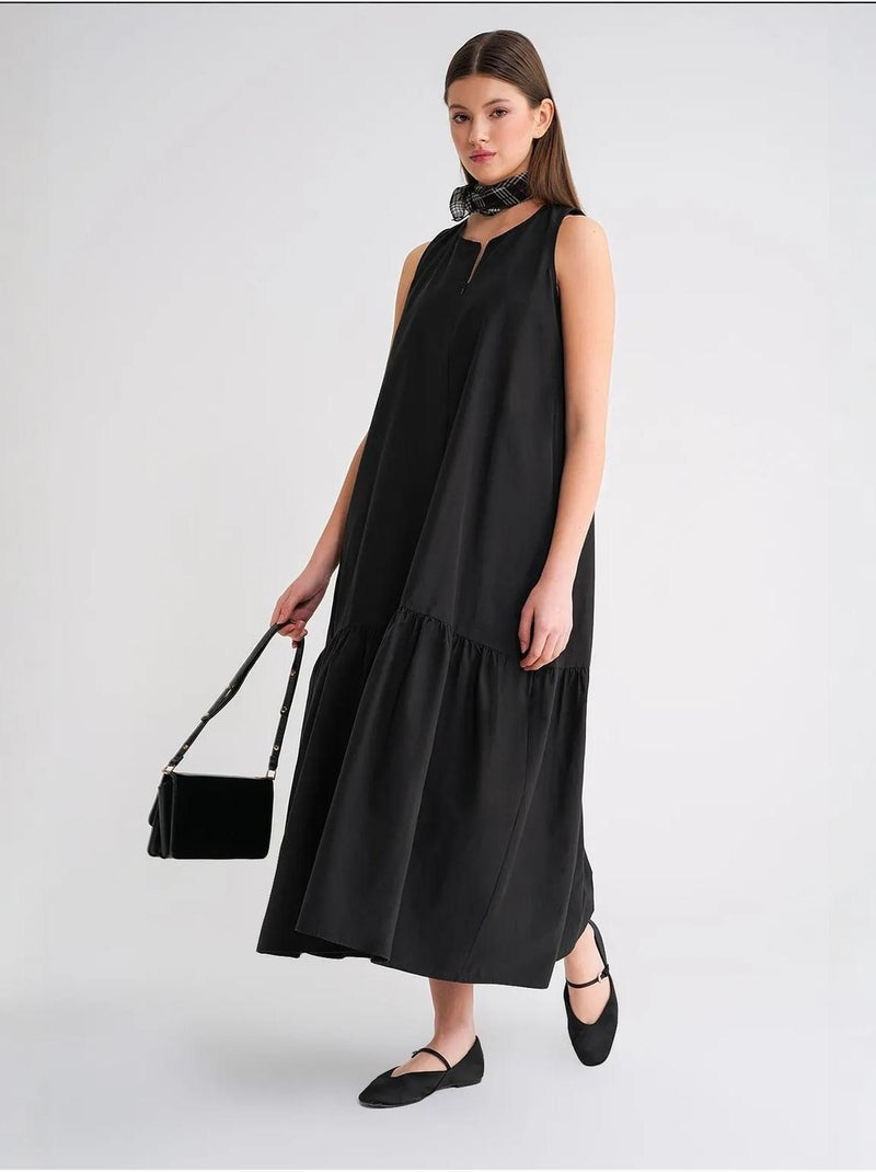 Vestido maxi com colarinho e detalhes de folhos mixray Preto - Kiabi
