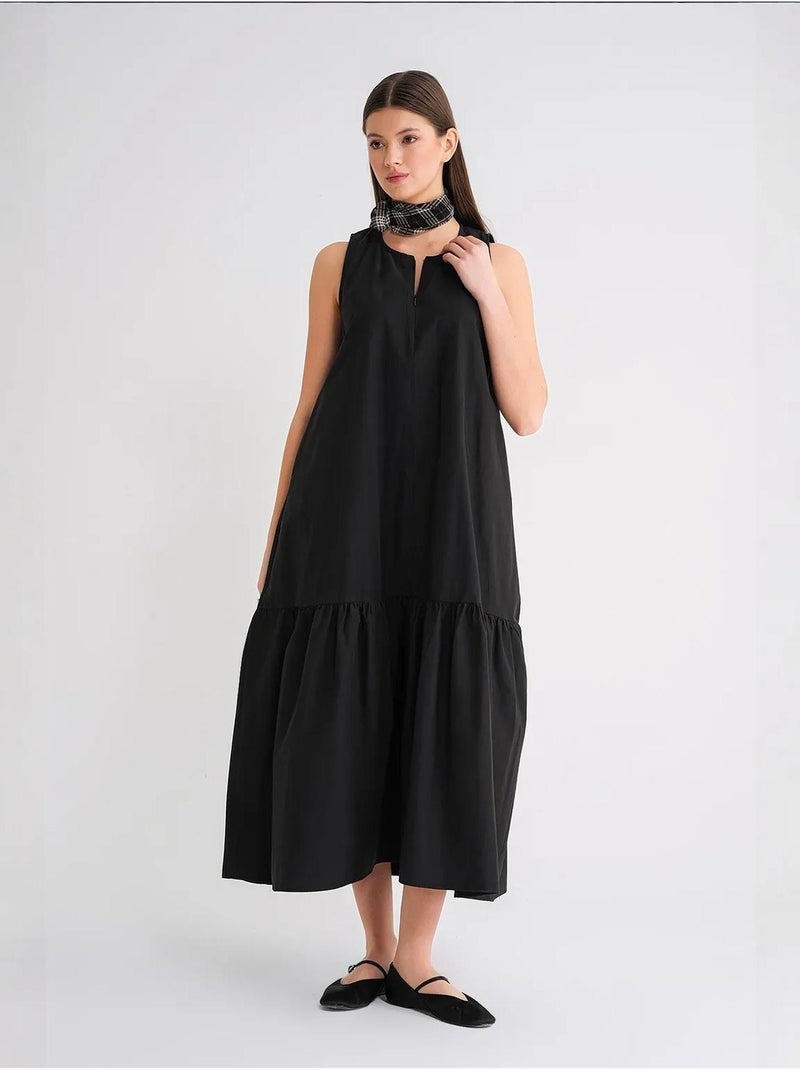 Vestido maxi com colarinho e detalhes de folhos mixray Preto - Kiabi