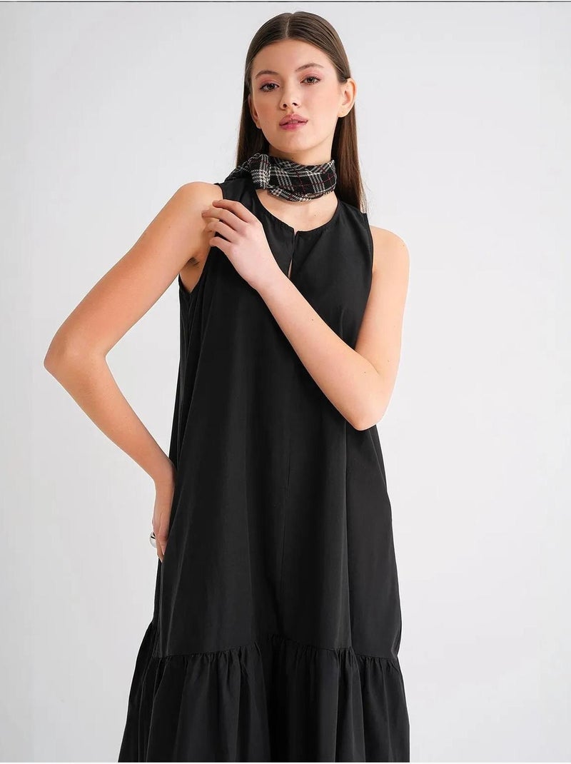 Vestido maxi com colarinho e detalhes de folhos mixray Preto - Kiabi