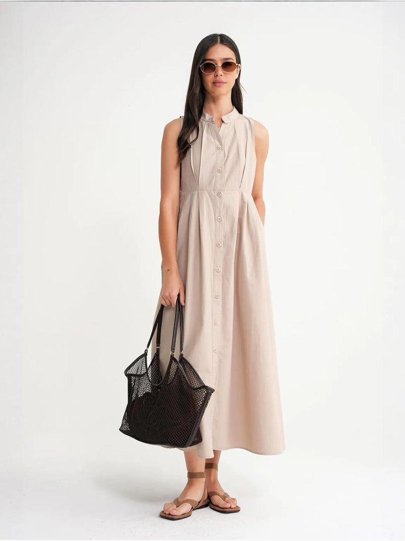 Vestido maxi com colarinho tippet e botões mixray Areia - Kiabi