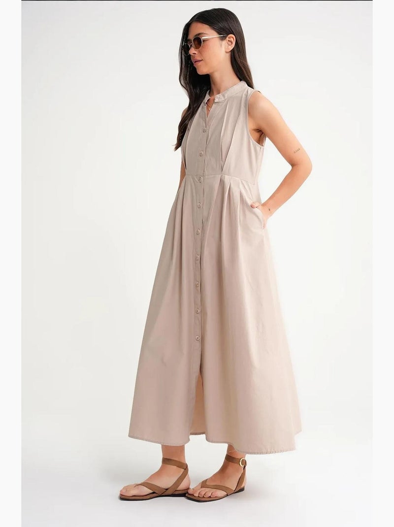 Vestido maxi com colarinho tippet e botões mixray Areia - Kiabi
