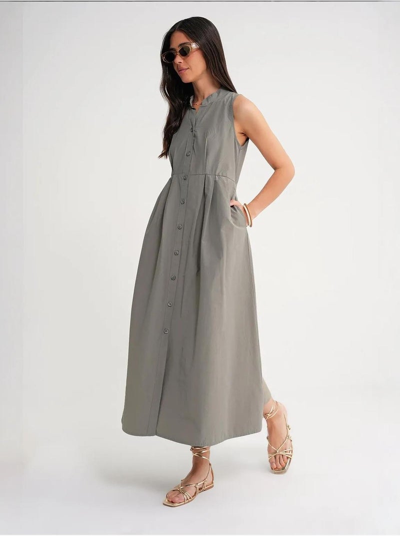 Vestido maxi com colarinho tippet e botões mixray Cáqui - Kiabi