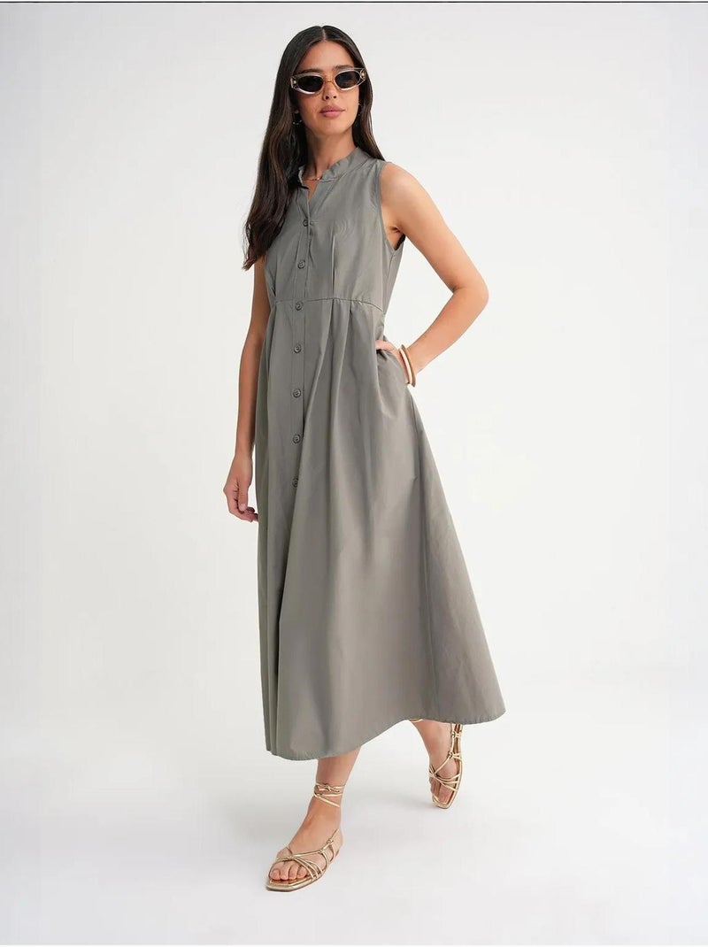Vestido maxi com colarinho tippet e botões mixray Cáqui - Kiabi