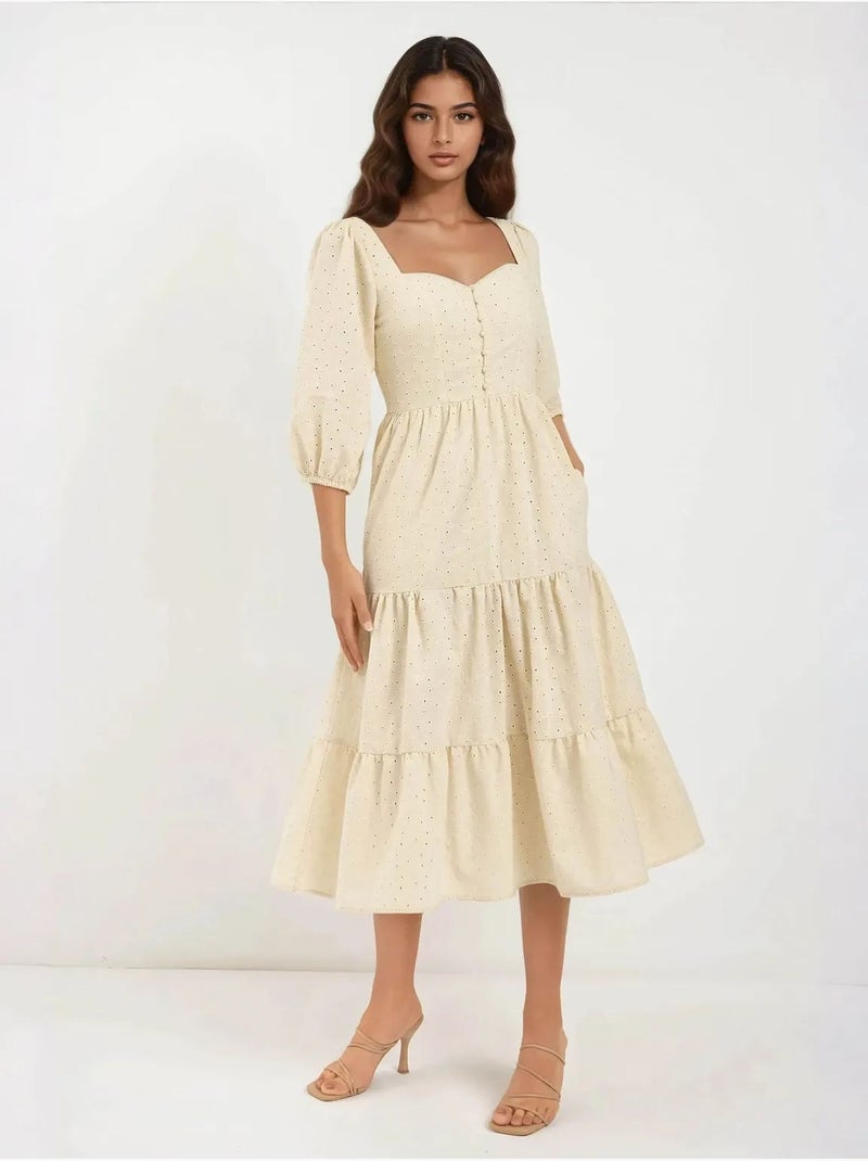 Vestido maxi com decote coração bordado hiccup Areia - Kiabi