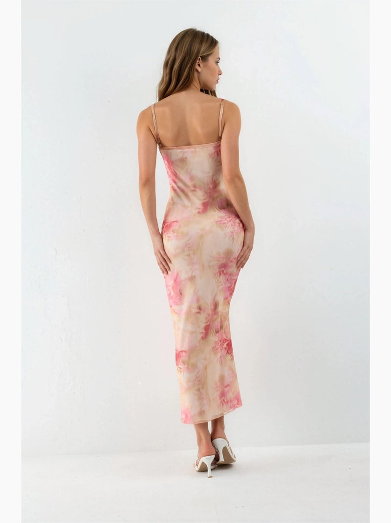 Vestido maxi com decote drapeado e padrão hiccup Bege natural - Kiabi