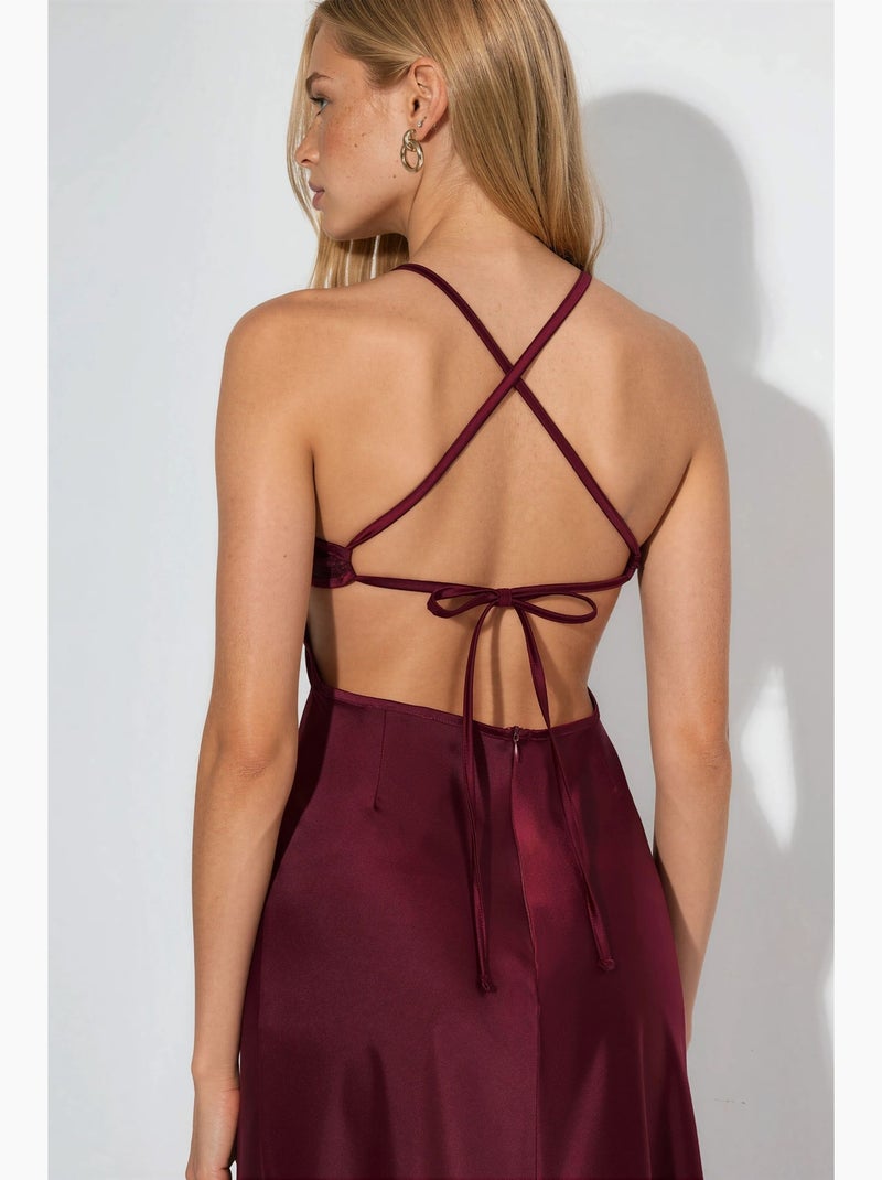 Vestido maxi com decote em coração e detalhe em renda hiccup Vermelho bordô - Kiabi