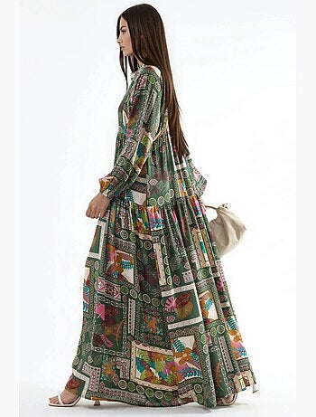 Vestido maxi com decote em v e padrão hiccup