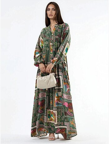 Vestido maxi com decote em v e padrão hiccup
