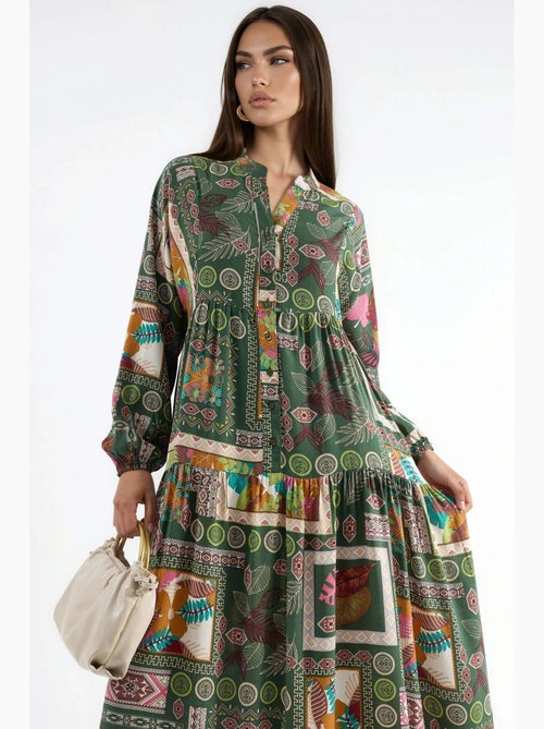 Vestido maxi com decote em v e padrão hiccup - Kiabi Vestido maxi com decote em v e padrão hiccup - Kiabi