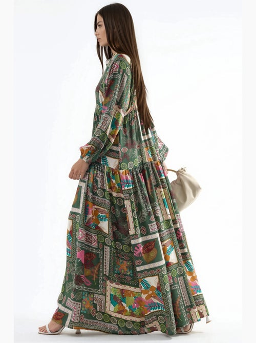 Vestido maxi com decote em v e padrão hiccup - Kiabi Vestido maxi com decote em v e padrão hiccup - Kiabi