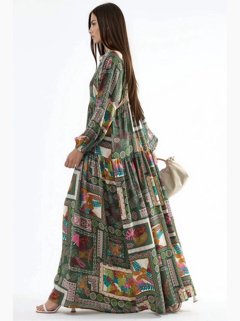 Vestido maxi com decote em v e padrão hiccup Verde escuro - Kiabi