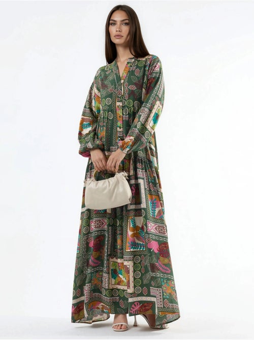 Vestido maxi com decote em v e padrão hiccup - Kiabi Vestido maxi com decote em v e padrão hiccup - Kiabi