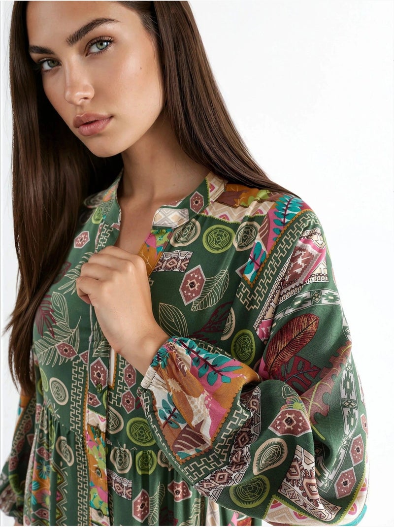 Vestido maxi com decote em v e padrão hiccup Verde escuro - Kiabi