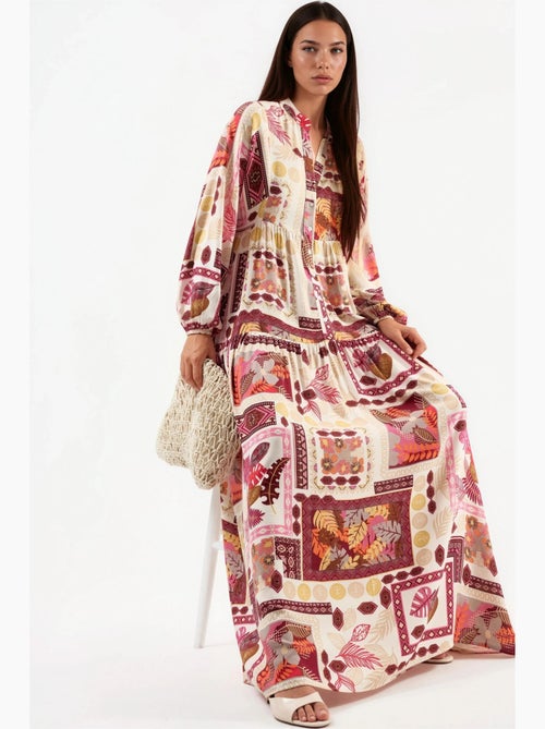 Vestido maxi com decote em v e padrão hiccup - Kiabi Vestido maxi com decote em v e padrão hiccup - Kiabi